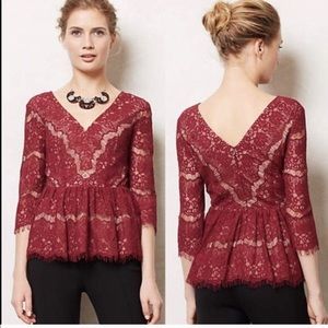 Anthropologie maroon lace peplum top Maeve sz s